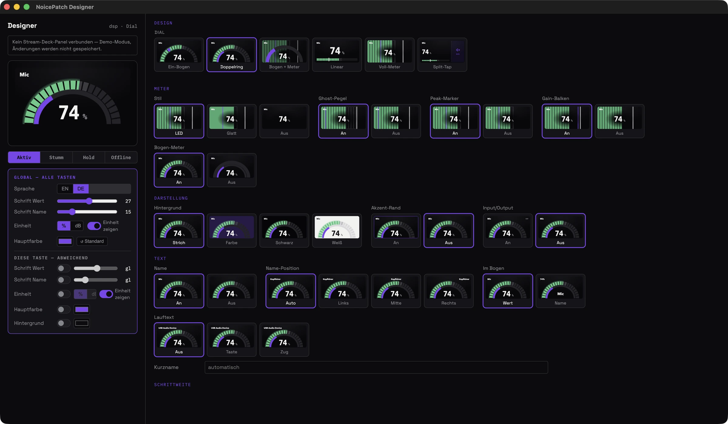 NoicePatch Stream-Deck-Designer: Dial-Stile, Meter, Darstellung und Text mit Live-Vorschau