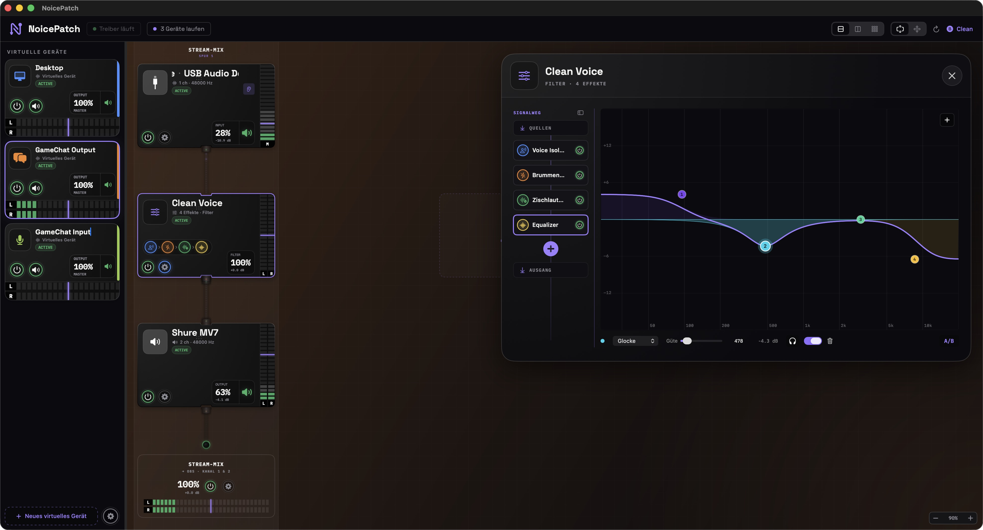 NoicePatch Equalizer mit Live-Kurve und farbigen Bändern