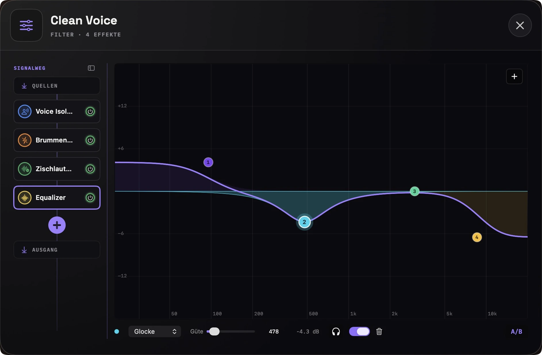 NoicePatch Equalizer mit Live-Kurve und farbigen Bändern